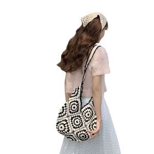 Boho Checkered Crochet Tote Shoulder Bag Vintage Inspired Chic Beach Summer